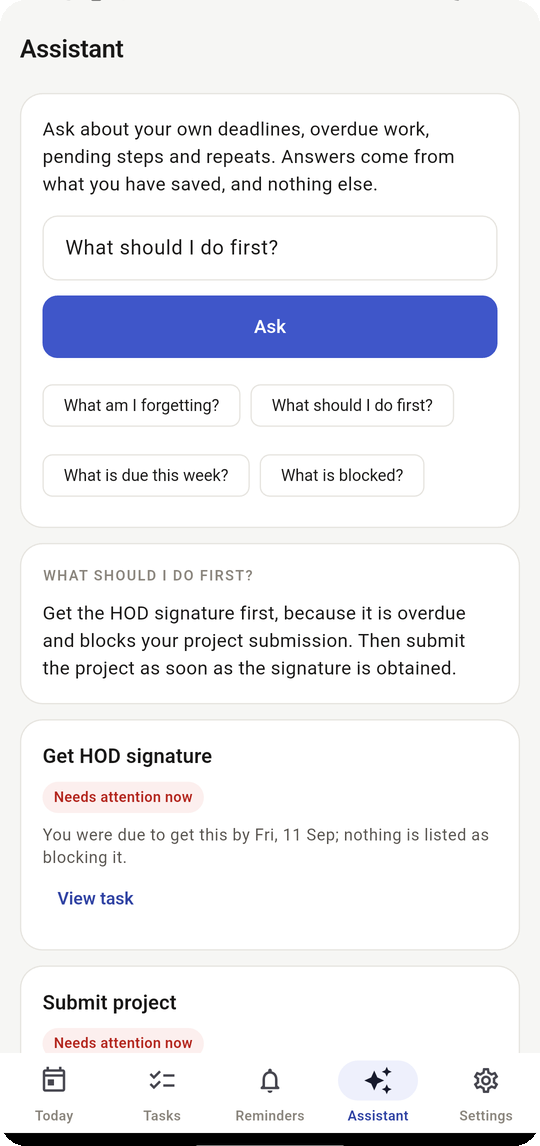 Assistant screen in the Nexmi Android app.