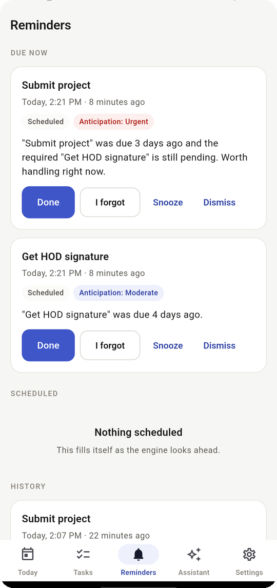 Reminders screen in the Nexmi Android app.