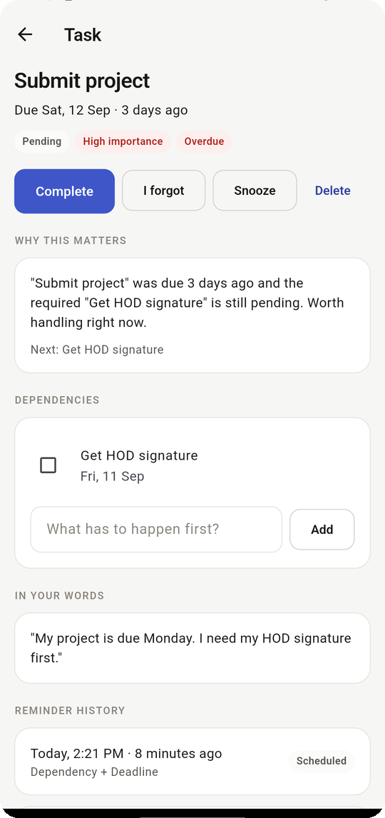A task screen in the Nexmi Android app.